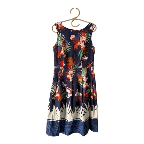 Talbots Botanical High Neckline Pleat Fit & Flare Tropical Knee Length Dress - Picture 2 of 15